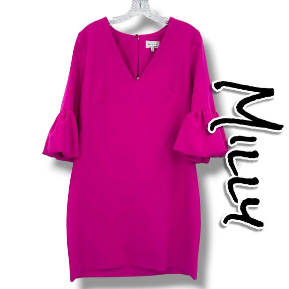 Milly Dresses & Skirts - MILLY Mandy Dress Raspberry Pink Italian Cady Bubble Sleeve Shift Mini Dress 8